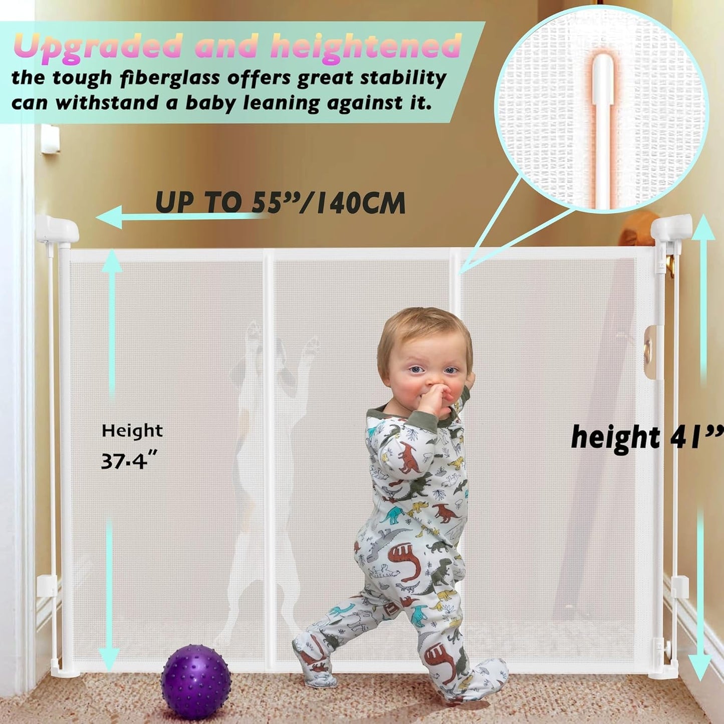 240" Retractable Baby Gates Extra Wide for Large Opening, 41" Extra Tall Retractable Dog Gate Pet Gates, Long Child Safety Mesh Gate with Fiberglass Rods for Stairs, Doorways, Hallways, Indoor/Outdoor
