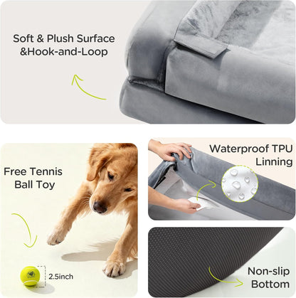 Extra Large Dog Bed, Orthopedic XL Washable Memory Foam Bed for Big Dogs Waterproof Pet Couch Sofa Bolster with Removable Cover, Non-Slip Bottom, Tennis Ball Toy, 42x30