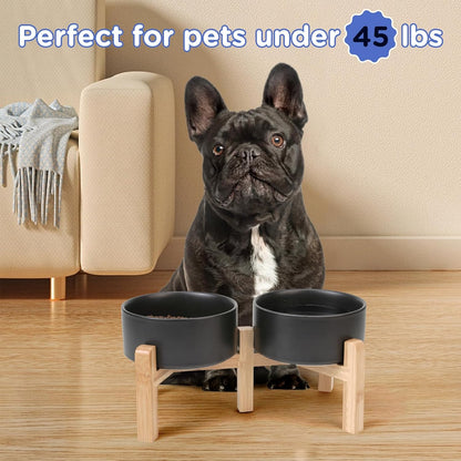 SPUNKYJUNKY Elevated Dog Bowls Ceramic, 6.1'' Dogs and Cat Food Water Bowls Raised with Non-Slip Bamboo Stand for Medium Sized Breed Microwave Dishwasher Safe - 28.7 OZ,Beige