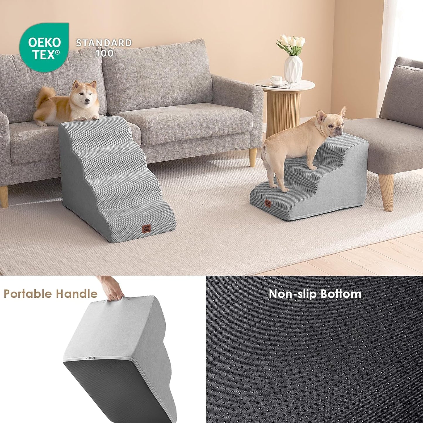 EHEYCIGA Curved Dog Stairs Ramp for High Beds 19.7" H, 4-Step Dog Steps for Small Dogs and Cats, Pet Stairs for High Bed Climbing, Non-Slip Balanced Pet Step Indoor, Grey