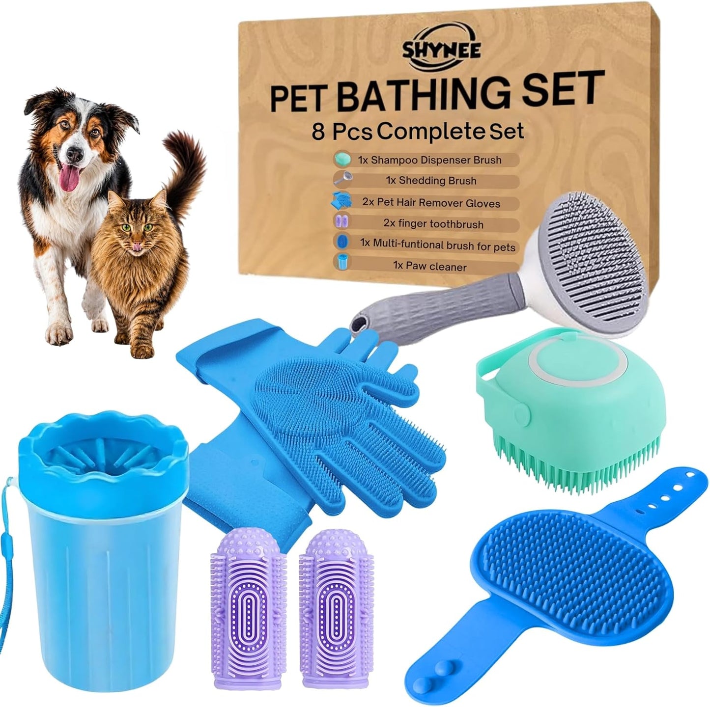 8PCs Dog Grooming Kit - Dog Shampoo Brush | Washing Gloves | Adjustable Dog Bath Brush | Dog Paw Cleaner | 2X Toothbrush | Dog Scrubber For Bath & Massage - Grooming & Bath Supplies for Dogs and Cats