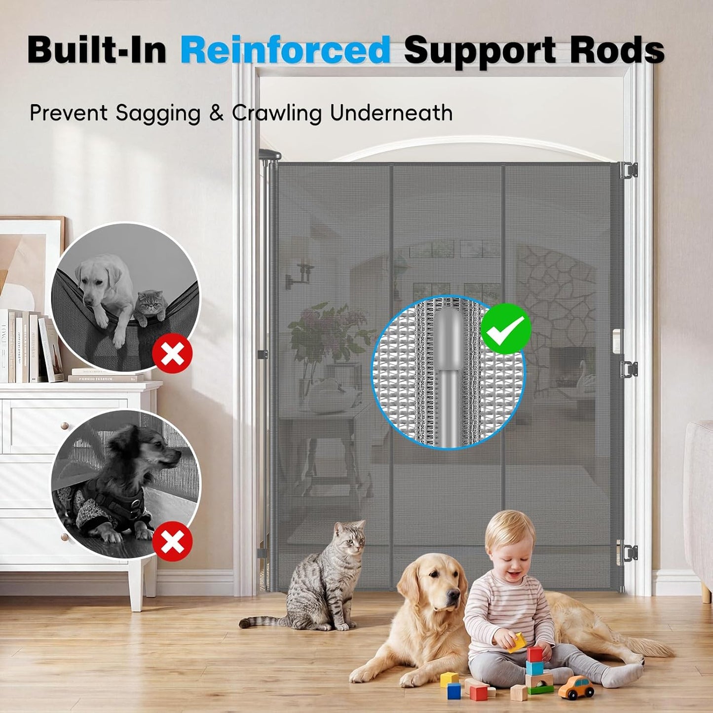 Reinforced 72" Extra Tall Pet Gate for Cat, Dog, Puppy & Baby, Jump-Resistant & Prevent Crawling Underneath Retractable Baby Gates, Fits 0-55" Width Safety Mesh Dog Gate, 6 Foot Extra Tall Cat Gate
