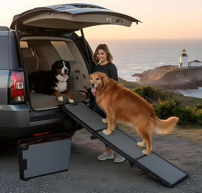 Pet Gear Tri-Fold Portable Pet Ramp for Dogs and Cats, 71" Long, Extra Wide, Holds up to 200lbs, Patented Design, Compact/Easy Fold with Safety Tether, Titanium