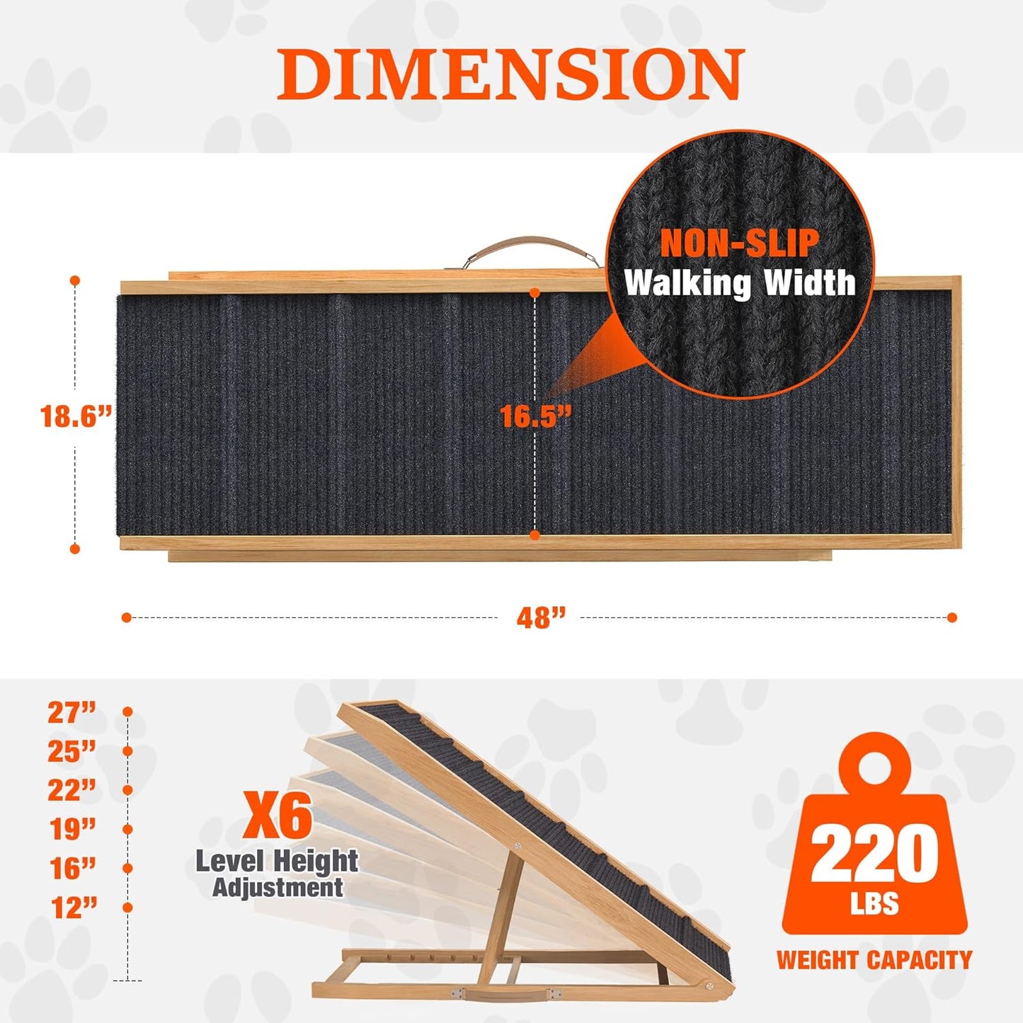 Adjustable Dog Ramp for Bed - 34" Long Foldable Wooden Ramp for Dogs to Get on Bed, Couch, or Car with 12.6" Wide Walking Space (Natural Wood with Gray Carpet)
