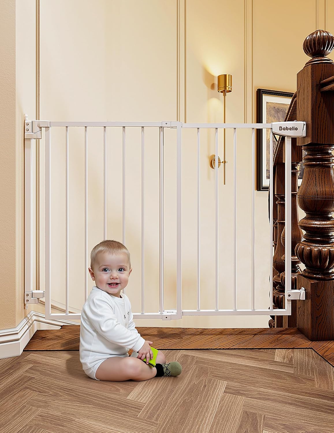 Babelio 29.7-46.5" No Bottom Bar Baby/Dog Gate for Stairs, House and Doorways, Auto Close Safety Pet Gates with Large Walk Thru Door, Hardware Mount, Black