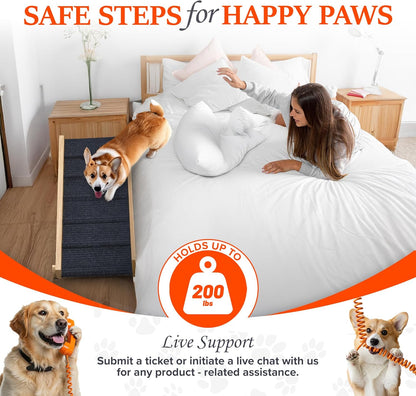 Adjustable Dog Ramp for Bed - 34" Long Foldable Wooden Ramp for Dogs to Get on Bed, Couch, or Car with 12.6" Wide Walking Space (Natural Wood with Gray Carpet)