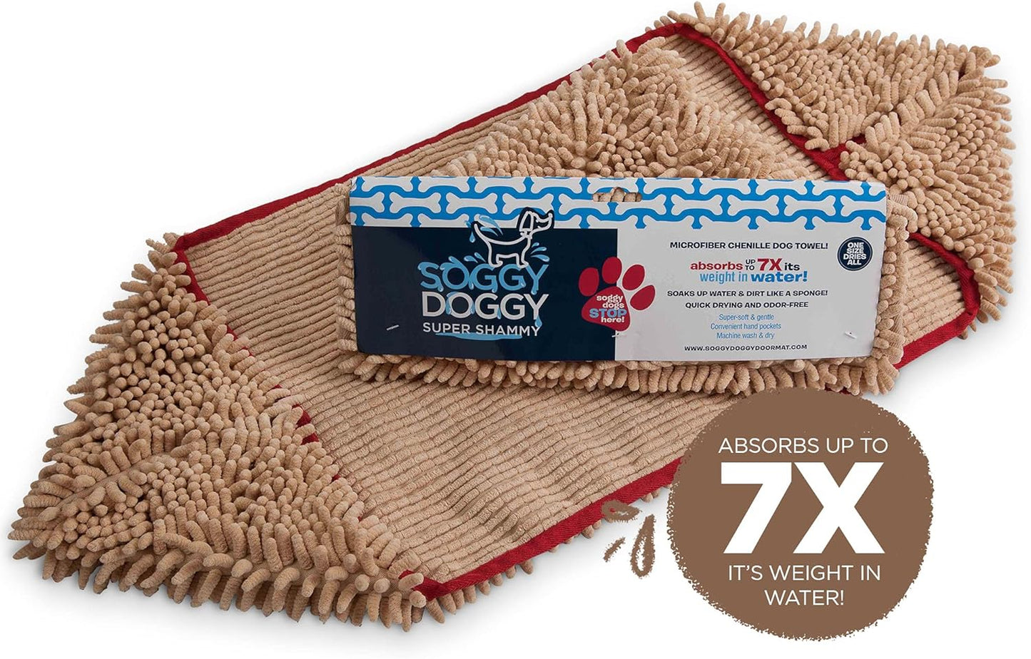 Soggy Doggy Super Shammy Dog Towel – Absorbent Microfiber Chenille Pet Towel for Drying Wet Dogs, Paws, Quick Dry Dog Shammy with Hand Pockets, Machine Washable – Chocolate/Oatmeal Trim, 31” x 14”