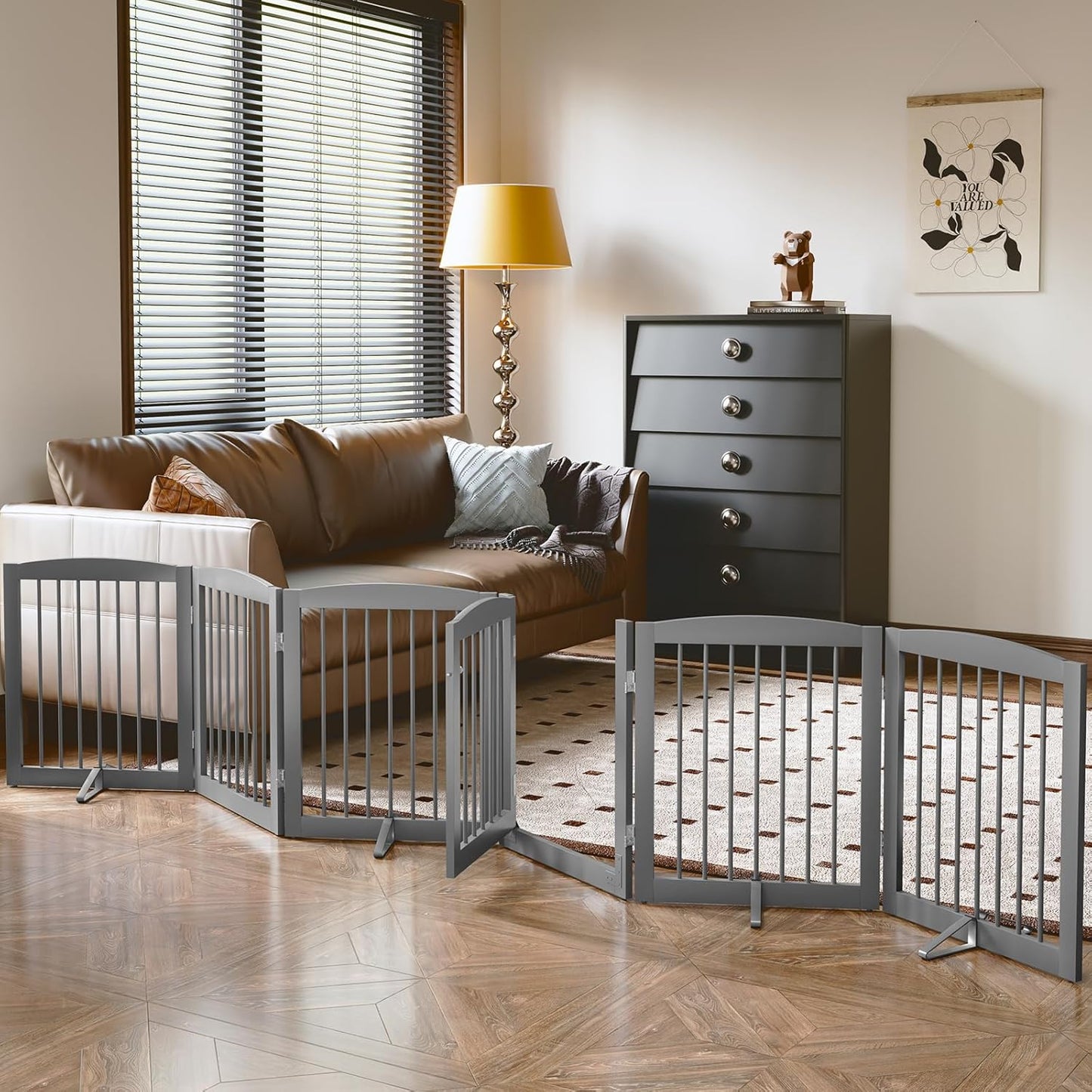 PUPETPO Freestanding Dog Gate with Door, Pet Gate for Stairs, 80 inch Wide Pet Barrier Indoor, Dog Fences Indoor, Support Feet Included, 4 Panels, 24" Tall, Dark Brown