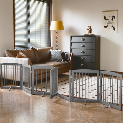 PUPETPO Freestanding Dog Gate with Door, Pet Gate for Stairs, 80 inch Wide Pet Barrier Indoor, Dog Fences Indoor, Support Feet Included, 4 Panels, 24" Tall, Dark Brown