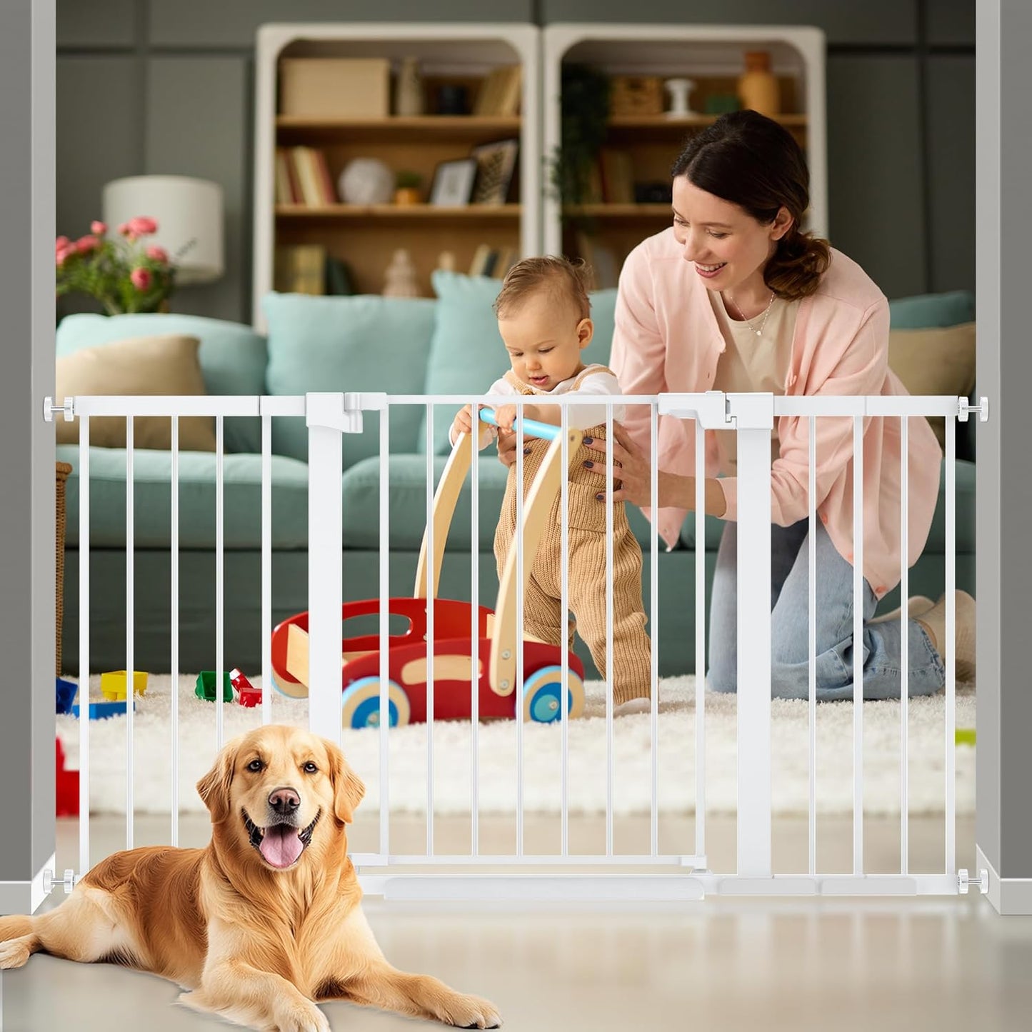 29-42 inches Metal Baby Gate for Stairs/Doorways, 30 inches Tall Pressure Mounted Pet Gates, Auto-Close Child Safety Gate, No Drilling Easy Walk-Through Dog Gate Indoor, Black