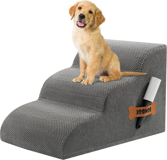 Dog Stairs, Romrol Dog Steps Ramp for High Bed and Couch, Dogs Ramp with Durable Non-Slip Waterproof Fabric Cover, Pet Stairs for Small Dogs and Cats or Pets Joints, 4-Tiers,Grey