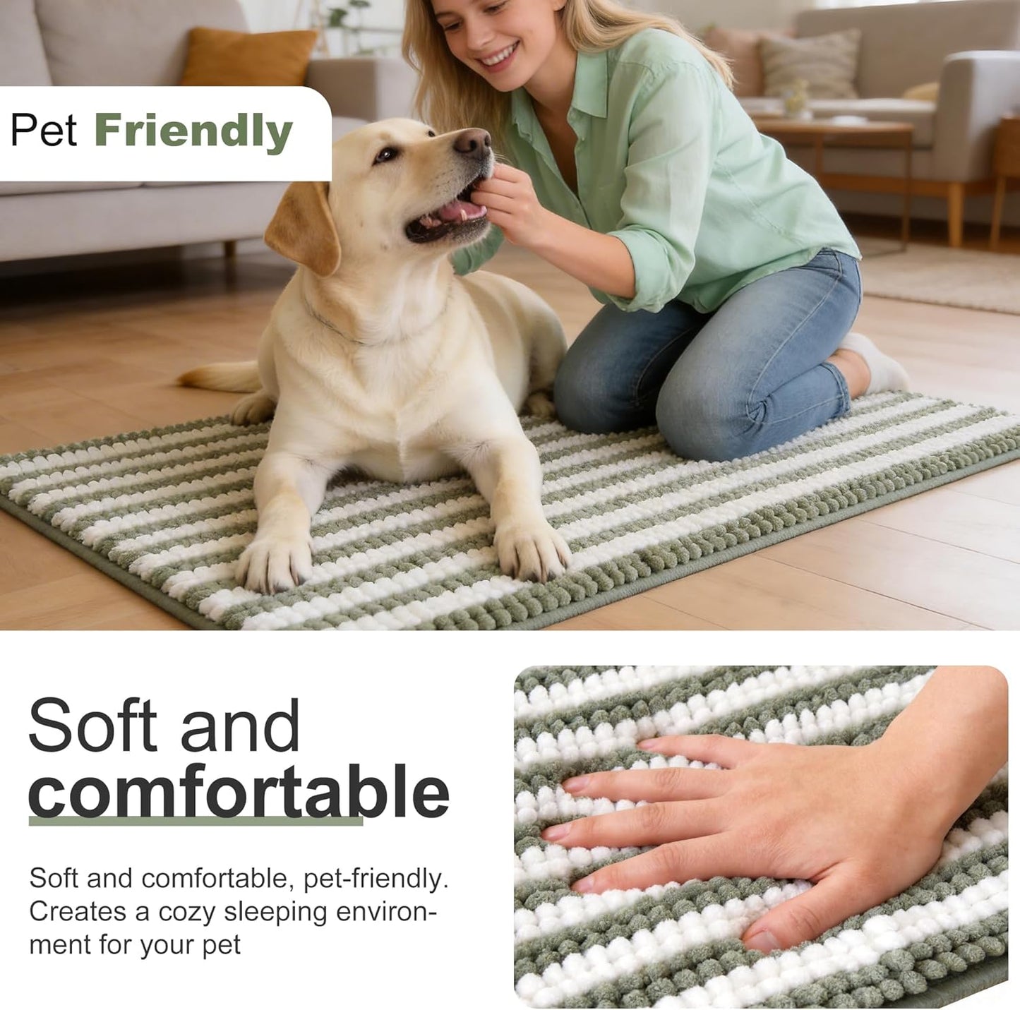pobopobo Dog Door Mat for Muddy Paws - Absorbent & Washable Chenille Rug, Non-Slip Dirt Trapper for Indoor Outdoor Entryway, Quick Dry Pet Mat for Muddy Dogs (Striped Gray-Blue&White, 24" x 16")