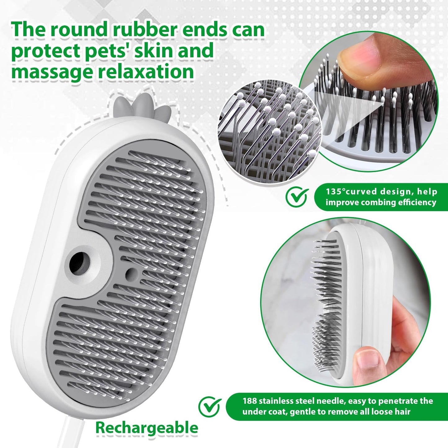 Double-Sided Pet Deshedding Dematting Comb & Steam Brush with 2 Spray Levels, Extra-Wide Detangling Undercoat Rake for Long-Hair Dogs & Cats Matted Fur, Knots, Rechargeable Grooming & Massage Tool