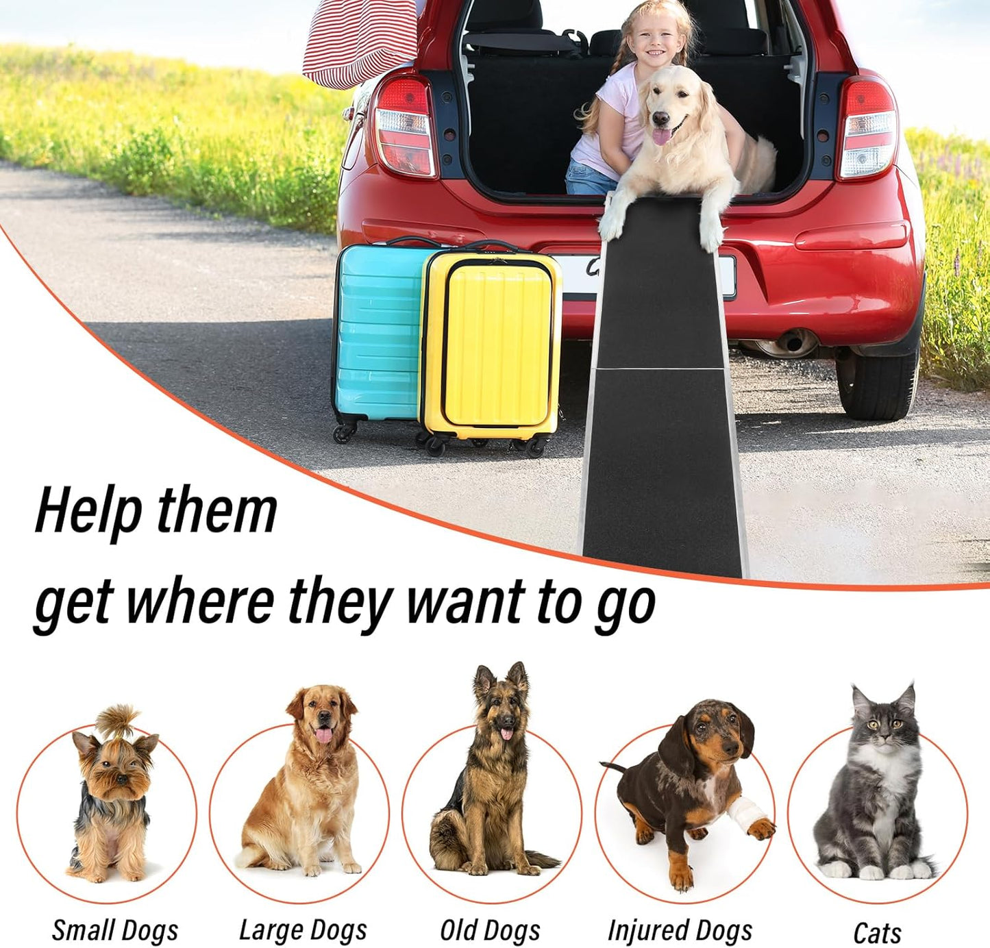 8FT Long Dog Ramp, Car Truck SUV Pet Ramp, Aluminum Portable 15 inches Wide 96 inch Long Folding Pet Vehicle Ramps Ramps for Small Medium Large Dogs and Cats, 400 Lbs Capacity
