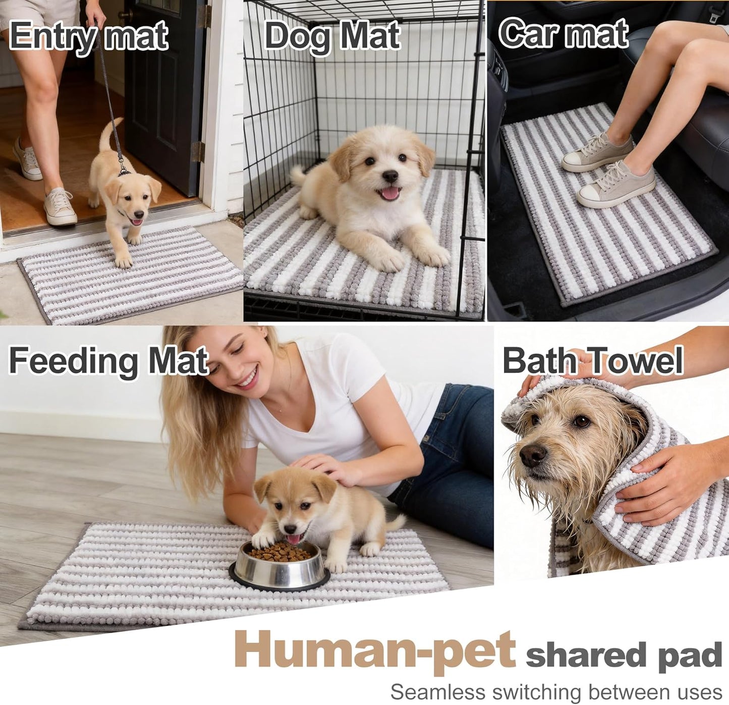 pobopobo Dog Door Mat for Muddy Paws - Absorbent & Washable Chenille Rug, Non-Slip Dirt Trapper for Indoor Outdoor Entryway, Quick Dry Pet Mat for Muddy Dogs (Striped Gray-Blue&White, 24" x 16")