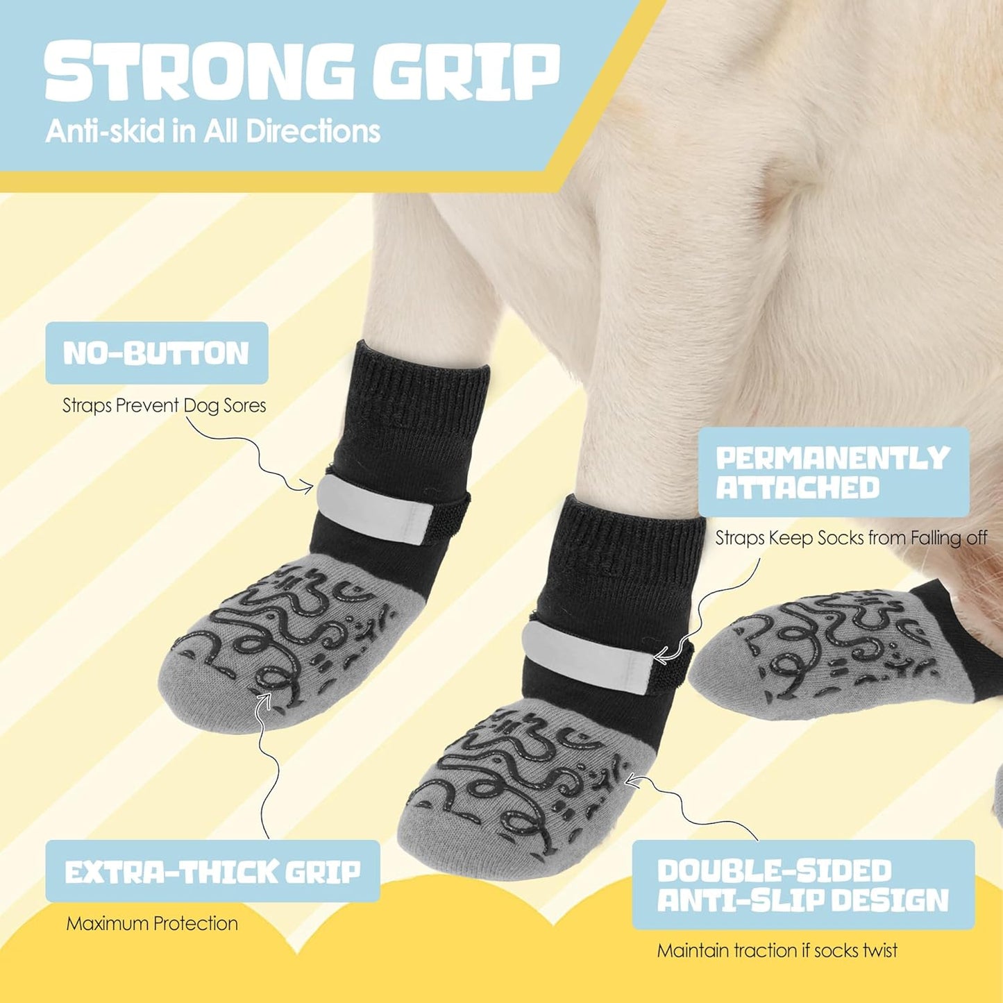 6Pcs Non Slip Dog Socks for Hardwood Floors, 3rd Gen Dog Paw Protector, Prevent Licking Paws, Double Sided Grips and Reflective Straps, Large Size