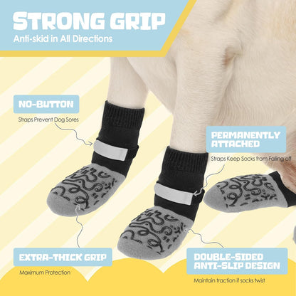 6Pcs Non Slip Dog Socks for Hardwood Floors, 3rd Gen Dog Paw Protector, Prevent Licking Paws, Double Sided Grips and Reflective Straps, Large Size