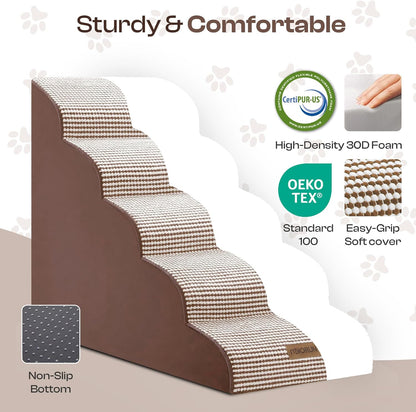 Dog Stairs for High Beds Up to 30", Extra-Tall 5-Step Dog Steps for Bed, 24.5" Tall Foam Pet Stairs for Small & Medium Dogs, Gentle Slope Cat Ramp for Bed with Washable Cover