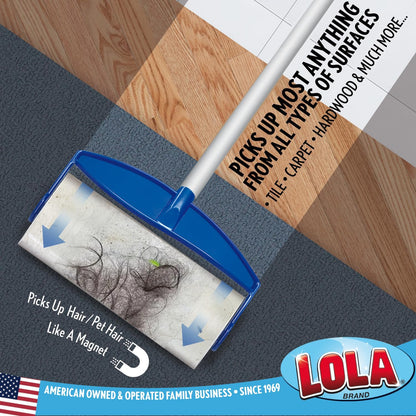 LOLA Rola PET Hair Remover Sticky Mop, Giant Floor Lint Roller, 9" x 3.5", Aluminum Handle, Largest Head, Traps Hair, Dust, Dirt, Extra Sticky Sheets