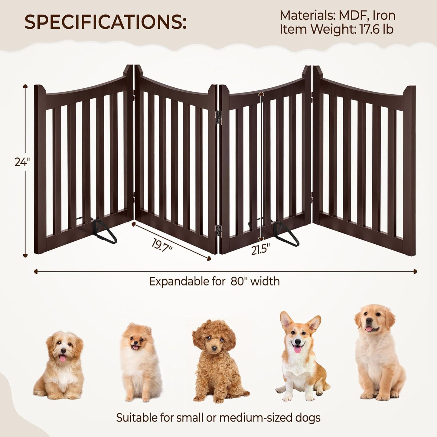 Yaheetech 36" H Extra Tall Freestanding Pet Gate 4-Panel Wooden Dog Fence with 2 Support Feet Folding Dog Gate for Indoor, Stairs, Doorways, Halls, Kitchen Wooden Pet Barrier White, 79.5" L x 36" H