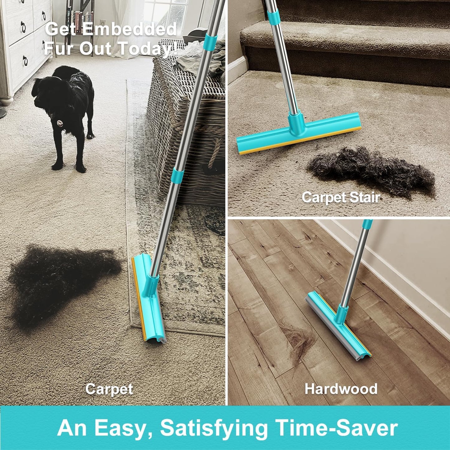 Carpet Rake for Pet Hair Removal (3 Pack), Dog Cat Fur Remover Rubber Broom, Stainless Steel Long Handle Lint Shaver Cleaner Tools, Scraper Brush for Carpet, Rug, Car Mat, Couch, Pet Bed