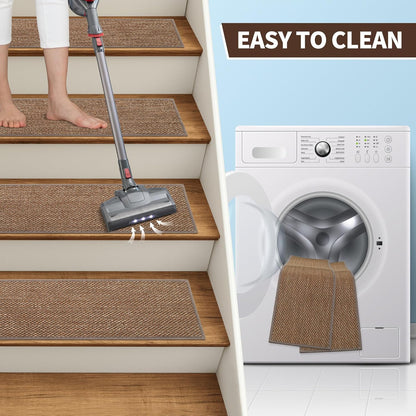 GROWLING Linen Stair Treads for Wooden Steps Indoor 30x8 inch, 15pcs Upgraded Self Adhesive Backing Non Slip Stair Carpets, Peel and Stick Stair Runner Rugs, Reusable Staircase Step Treads(Brown)