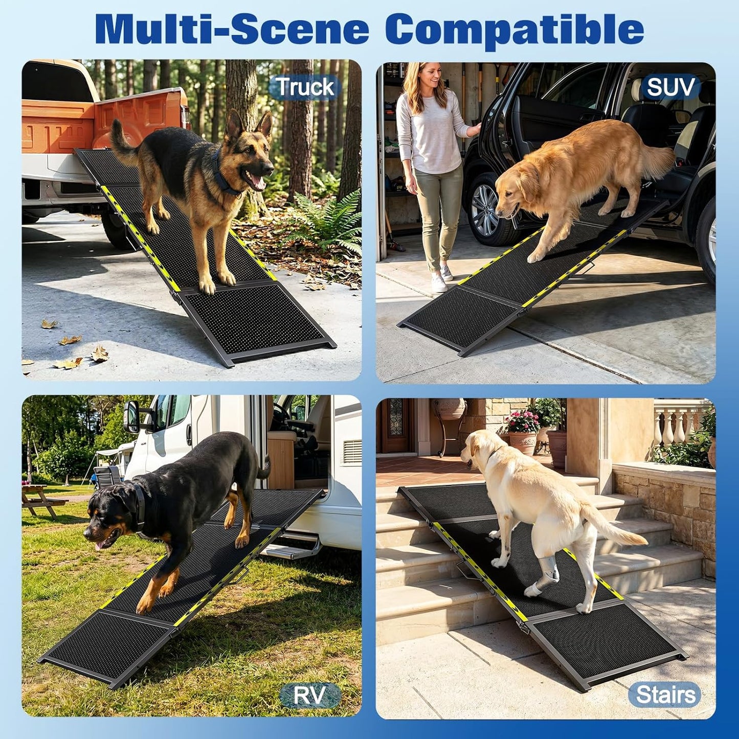 Extra Long Dog Car Ramp, Wide Outdoor Portable Pet Ramp 74" L x 20" W for Large Dogs, Lightweight Non-Slip Mesh Surface Supports Up to 250LBS, Foldable Dog Ramp for SUV, Truck, RV & High Bed, Black