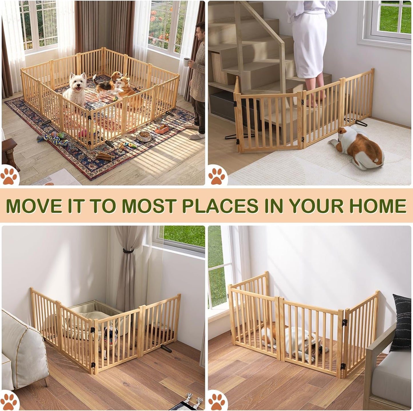 Wooden Freestanding Dog Gates,23" H Foldable Wood Pet Gate Indoor, No-Painted Puppy Gate for Doorways, Stairs, 23" Height-2 Panels