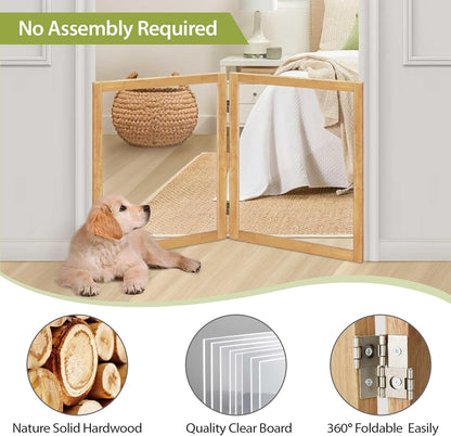 LZRS Clear Dog Gate for Indoor Use - Transparent Pet Fence with Solid Hardwood and Plastic Board, Stylish & Durable freestanding Pet Gate for Doorways, Stairs and Hallways-2 Panel Cherry