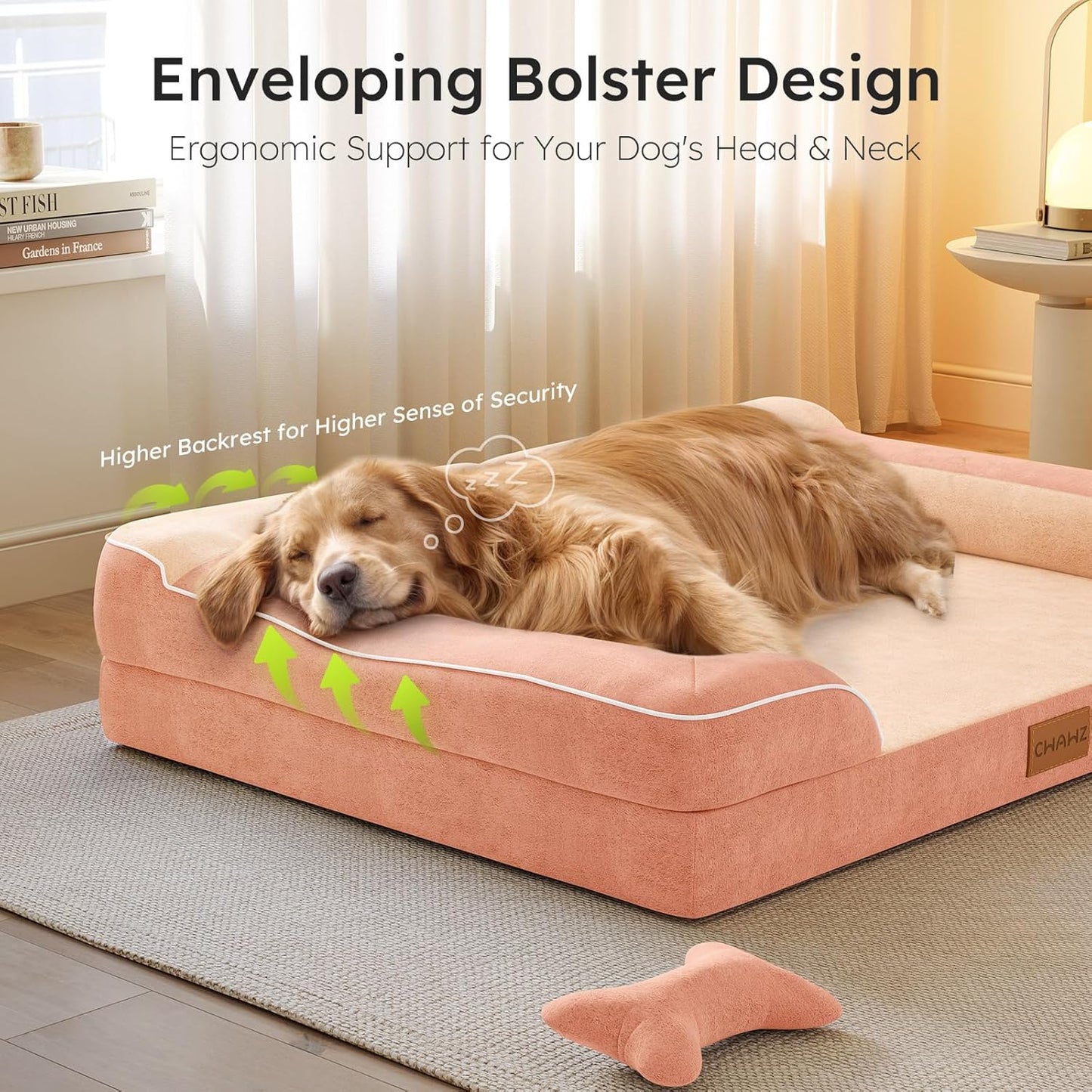 CWAWZ Extra Large Dog Bed, Orthopedic Dog Bed with Cooling Gel Memory Foam, Waterproof XL Pet Bed with Removable Washable Cover, 42" Pet Sofa Couch Dutch Velvet with Bone Toy, Light Gray