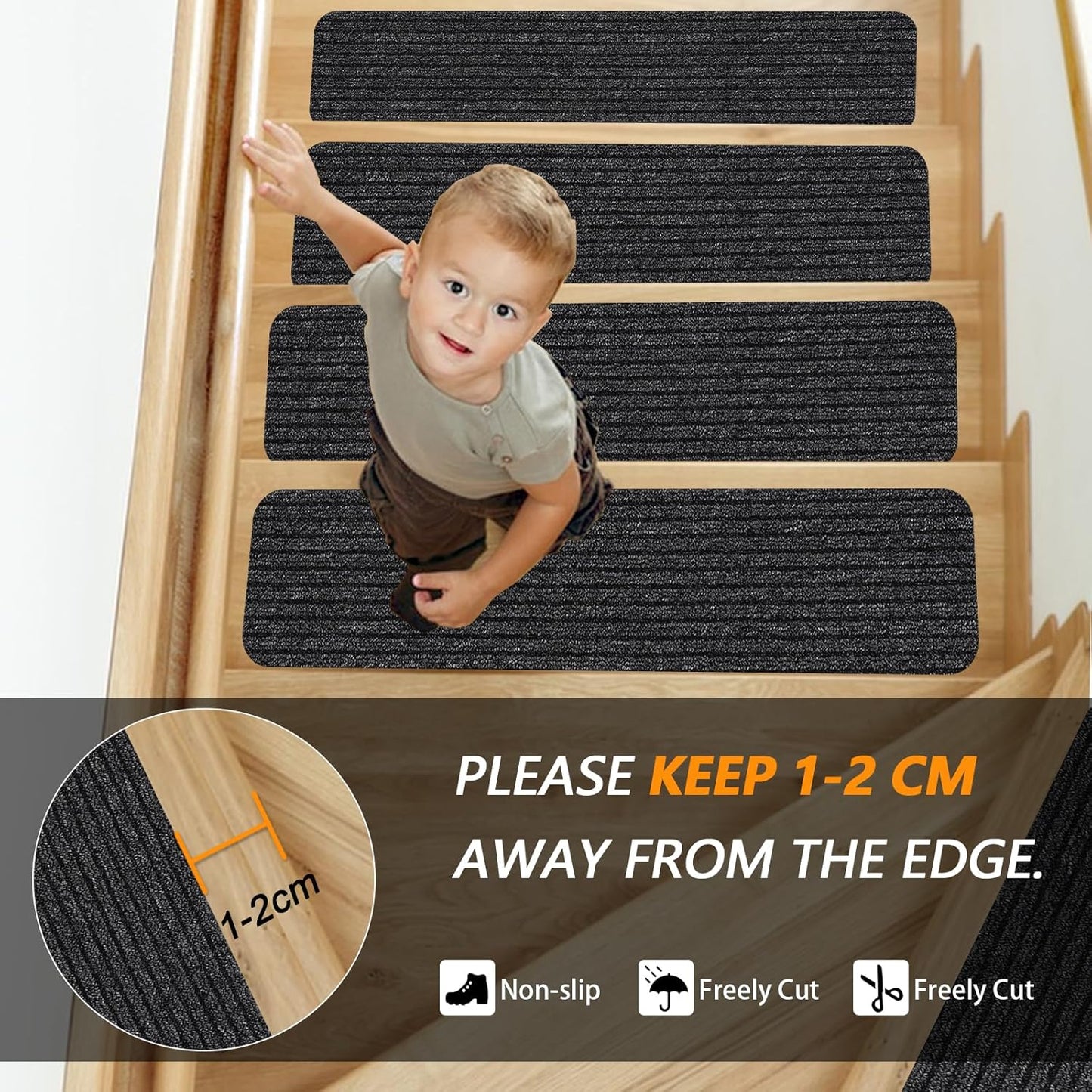 Stair Treads for Wooden Steps Carpet, Non-Slip Stair Runner Indoor Outdoor Stair Tread Mats Covers Pads, 19" x 31"Matching Landing Step Runner for Elders, Kids and Dogs (19" x 31", Black)