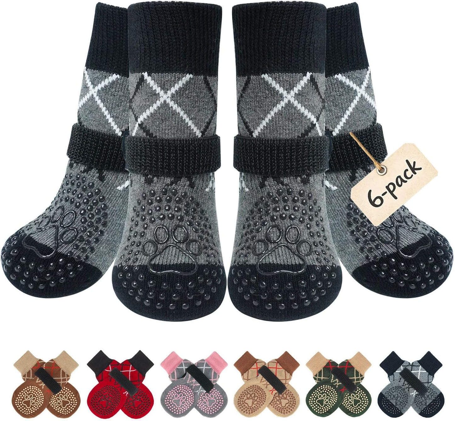 BEAUTYZOO 6PCS Dog Socks to Prevent Licking Paws, Anti Slip Dog Shoes for Hot Pavement Hardwood Floors, Traction Control Toe Grips Boots & Paw Protectors for Small Medium Large Senior Dogs, Grey S