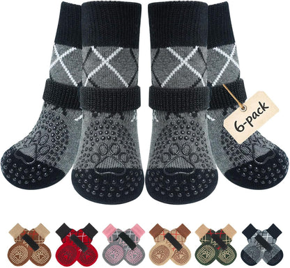 BEAUTYZOO 6PCS Dog Socks to Prevent Licking Paws, Anti Slip Dog Shoes for Hot Pavement Hardwood Floors, Traction Control Toe Grips Boots & Paw Protectors for Small Medium Large Senior Dogs, Grey S