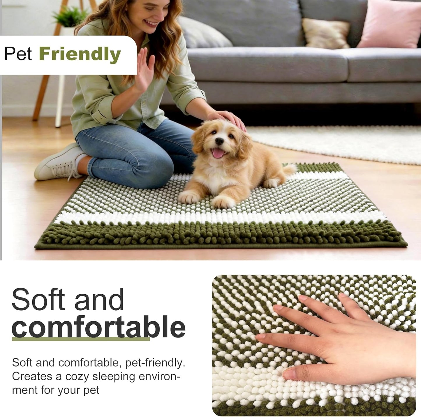 pobopobo Dog Door Mat for Muddy Paws - Absorbent & Washable Chenille Rug, Non-Slip Dirt Trapper for Indoor Outdoor Entryway, Quick Dry Pet Mat for Muddy Dogs (Striped Gray-Blue&White, 24" x 16")