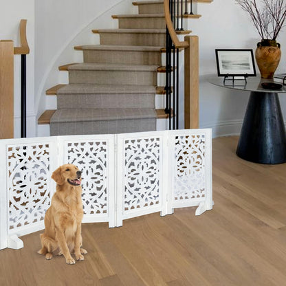 Freestanding Pet Gate for Dogs, Foldable Wooden Dog Gate for House, Indoor Dog Gate for Stair, Doorway, House Design Gates for Dogs Indoor, 72 Inch Wide, (18" x4 Panels 72 inch), Burnt Finish