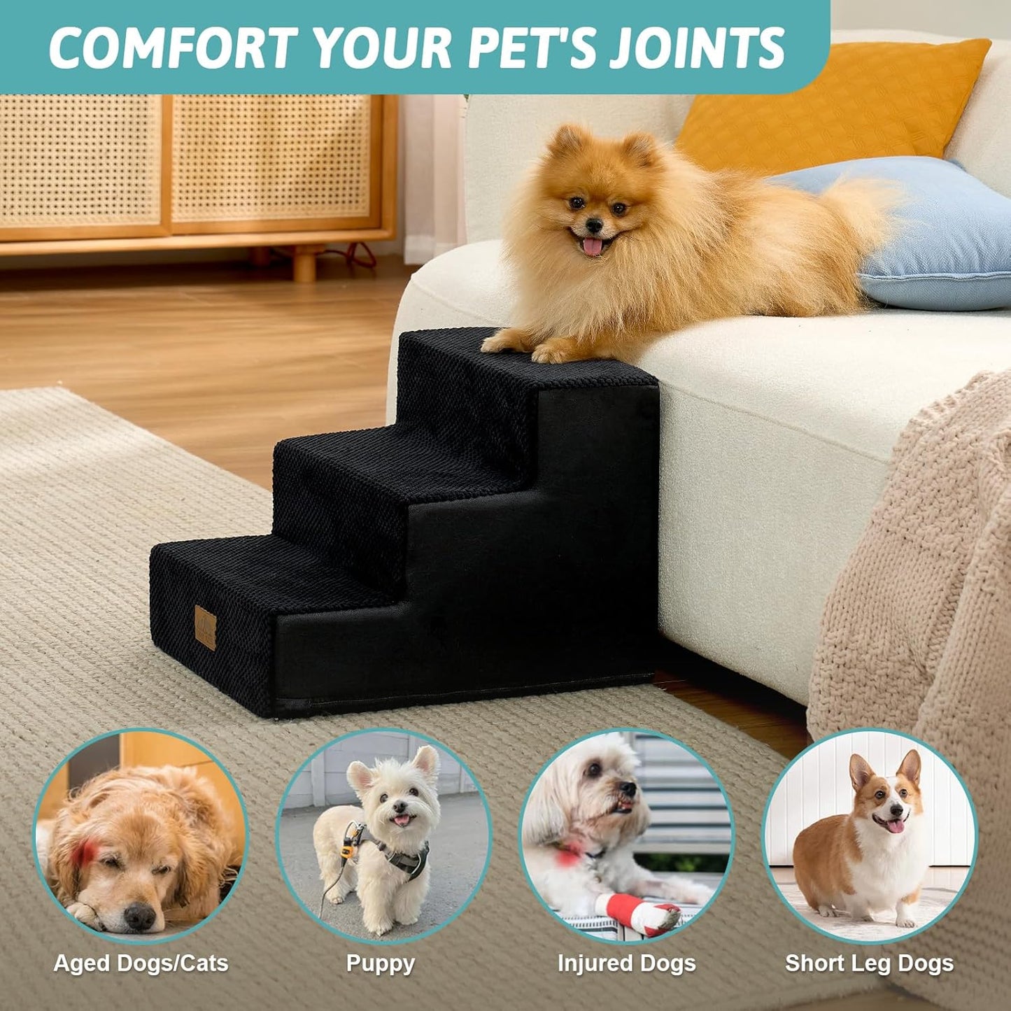 COZY KISS Dog Stairs for Small Dogs, 4 Tier Wider Pet Stairs for Couch and Beds, 17.7" H Non-Slip Dog Steps for Old Cats, Puppy, Small Medium Dogs, 17.7x23.6x17.7 inch, Beige