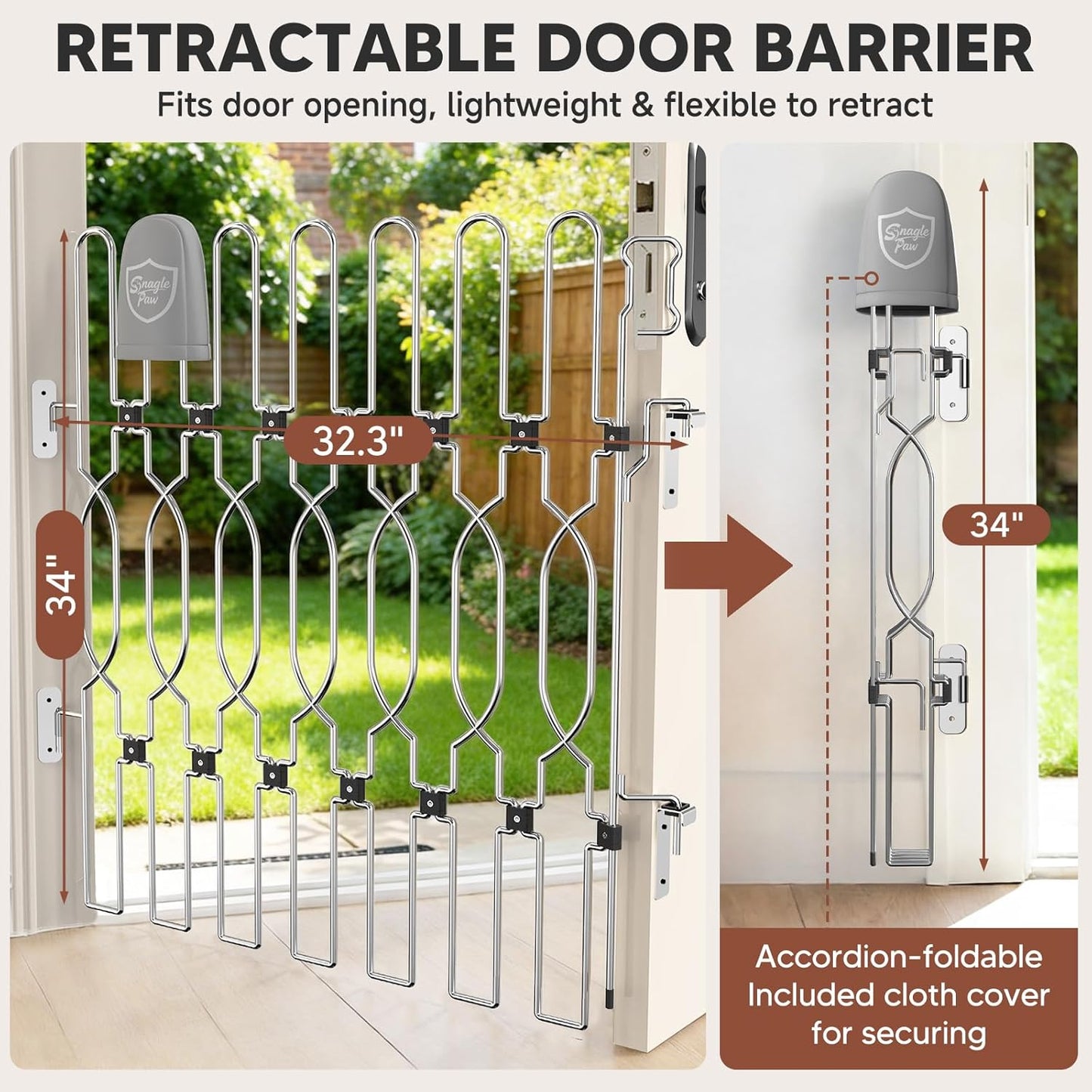 Snagle Paw Extra Tall Metal Retractable Door Barrier, 28.4" Wide 35" Tall Safety Dog Gate for Front Door,Easy Install Retractable Pet Gate for Recreational Vehicle,Doorways