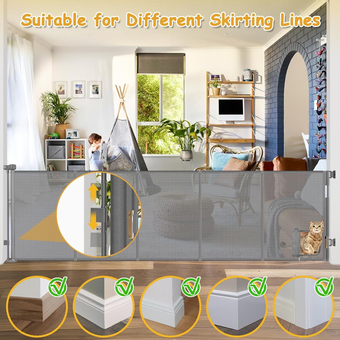 Reinforced 120 Inch Wide Retractable Baby Gates Extra Wide Pet Gate with Cat Door 10ft Extra Long Baby Gates for Large Openings 33 Inch Tall Reinforced Strips Retractable Dog Gate with Cat Door, Black