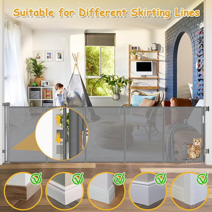 Reinforced 120 Inch Wide Retractable Baby Gates Extra Wide Pet Gate with Cat Door 10ft Extra Long Baby Gates for Large Openings 33 Inch Tall Reinforced Strips Retractable Dog Gate with Cat Door, Black