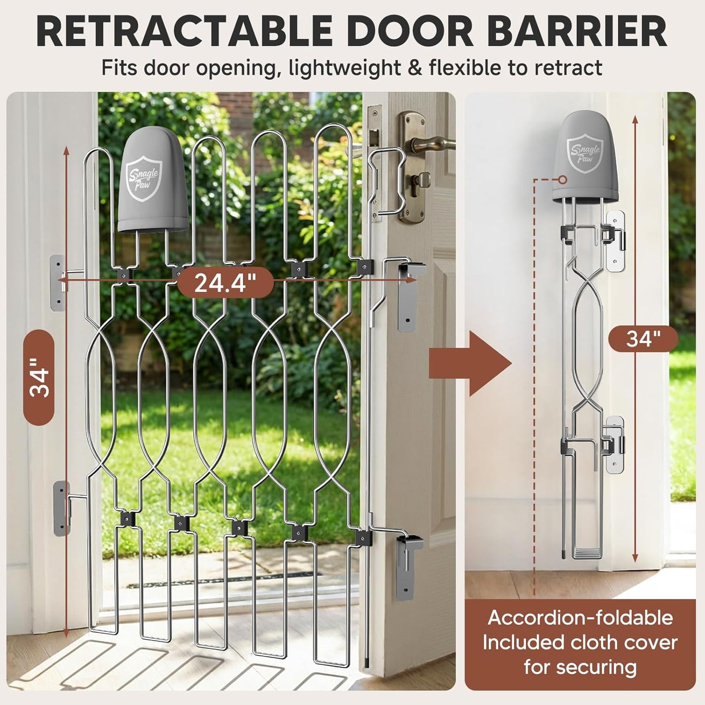 Snagle Paw Extra Tall Metal Retractable Door Barrier, 28.4" Wide 35" Tall Safety Dog Gate for Front Door,Easy Install Retractable Pet Gate for Recreational Vehicle,Doorways