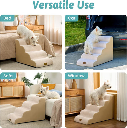 COZY KISS Extra Wide Dog Stairs with Tunnel, Foam Detachable Large Dog Step for Small Pet, Puppy or Cats, Medium Pet Ramp for High Bed, Couch, Sofa or Car, 19.7x33x22.4 inch, 5 Step, Beige