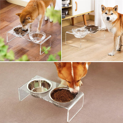 Acrylic Elevated Dog Cat Bowls Pet Feeder Double Bowl Raised Stand Comes with 4 Removable Stainless Steel Bowls. Perfect for Cats Puppies Small Dogs, 3.75 Inch
