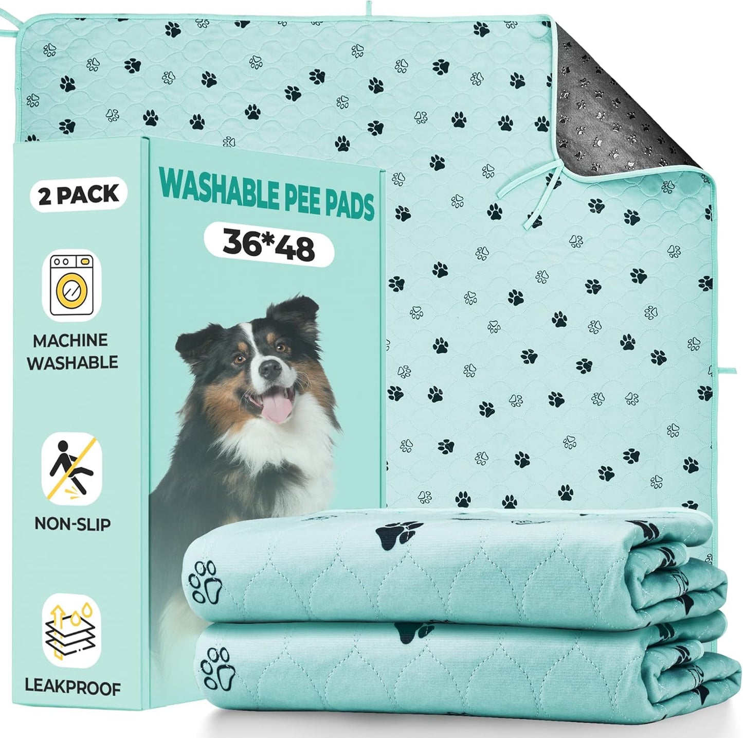 Fostanfly Washable Pee Pads for Dogs, 2 Pack Large 36"x41" Ultra-Absorbent and Leak-Proof Non-Slip Reusable Potty Training Pads for Dogs, Cats, Puppy, Potty Training of Add 8 Lanyards