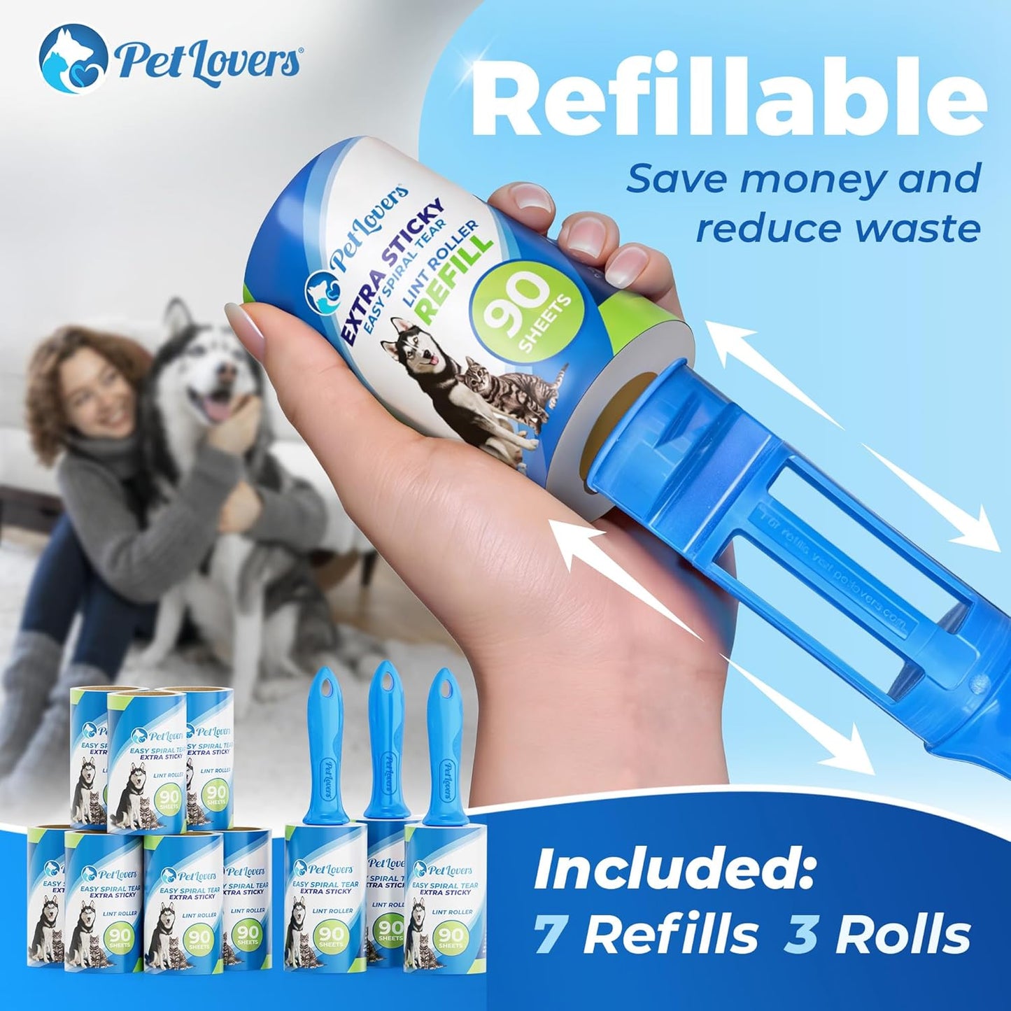PetLovers Extra Sticky Lint Roller Single Unit 90 Sheets for Pet Hair Removal, Dog and Cat Lint Remover (1 Pack)