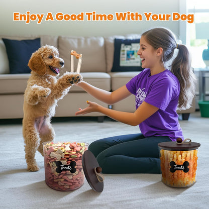 HOYTAMDAR 3 Pack Airtight Dog Food Storage Container, Dog Treat Container Dog Food Container with Wood Lids 8x7''&6x5'',Pet Food Storage Container,Cat Food Containers with Scoops,Clamp,Labels,Pens