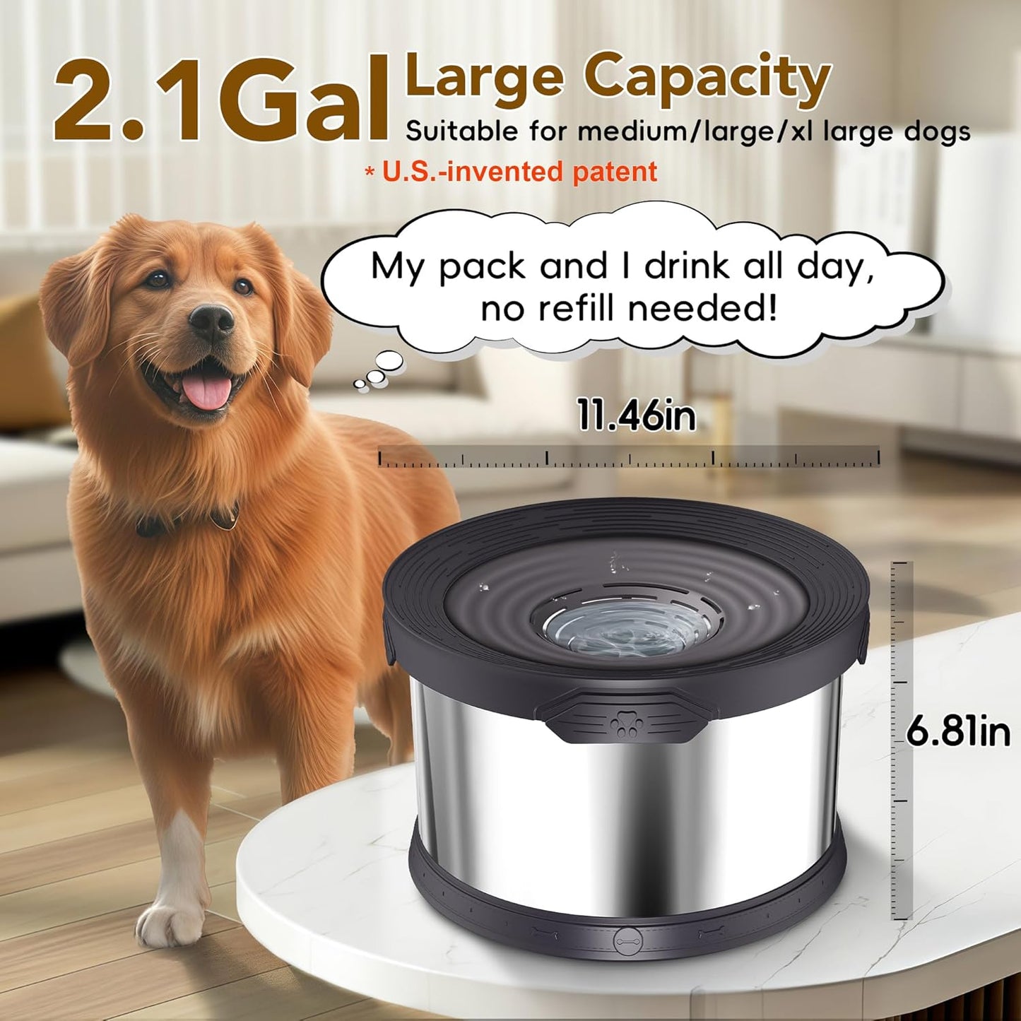 UPSKY Dog Water Bowl No Spill 10L Stainless Steel, 2.6 Gallon Large Capacity Spill-Proof Dog Bowls, Non-Slip Slow Drinking Anti-Splash Bowl for Large Messy Drinkers, No Mess Indoor/Outdoor Use, Gray