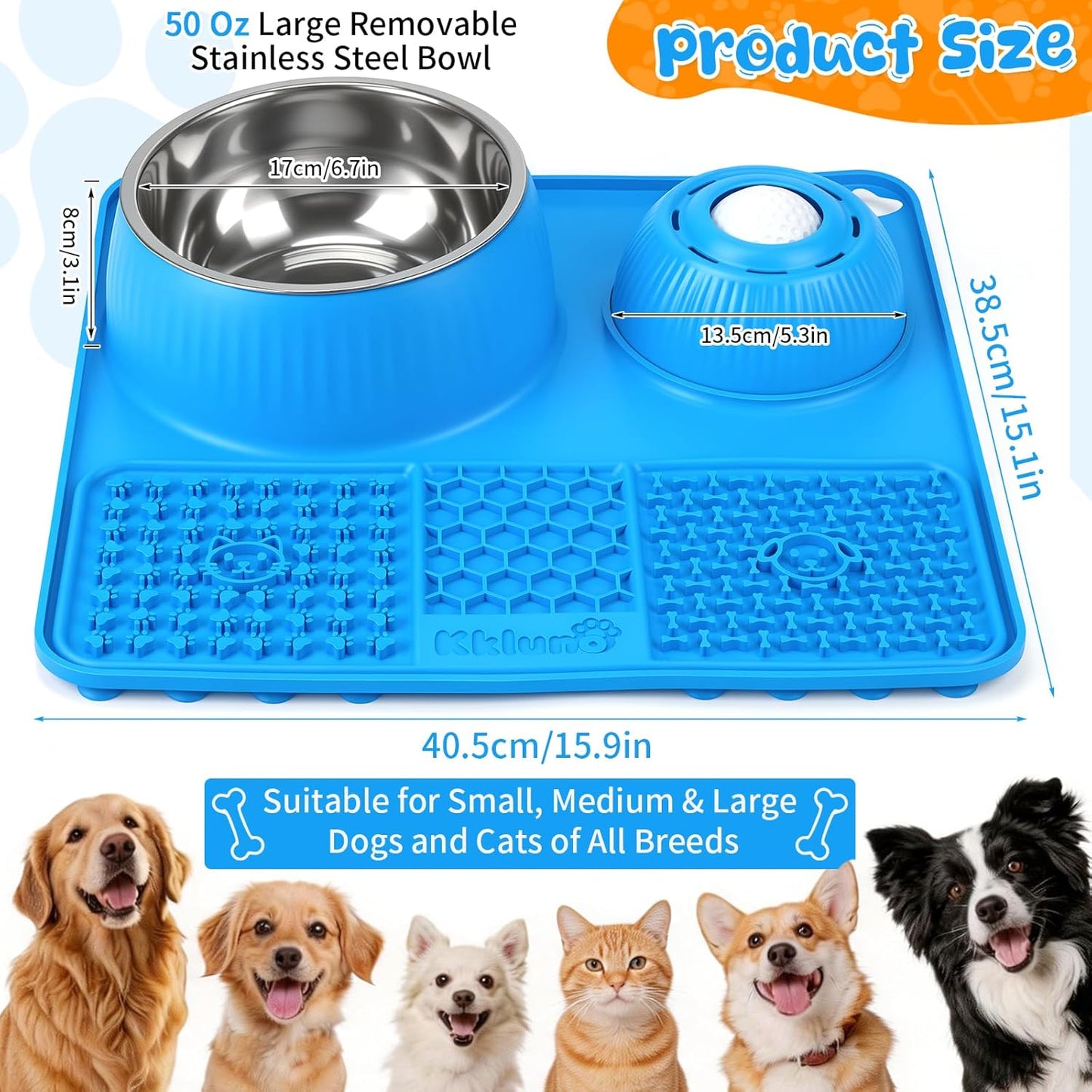 Dog Lick Bowl with Rolling Ball for Liquid and Thick Treat—3 in 1 Slow Feeder Dog Bowls+Lick Mat+50oz Stainless Steel Food Bowl,Anti-Slip 5/6 Cup Licking Toy for Medium Large Dogs and Cats Grey
