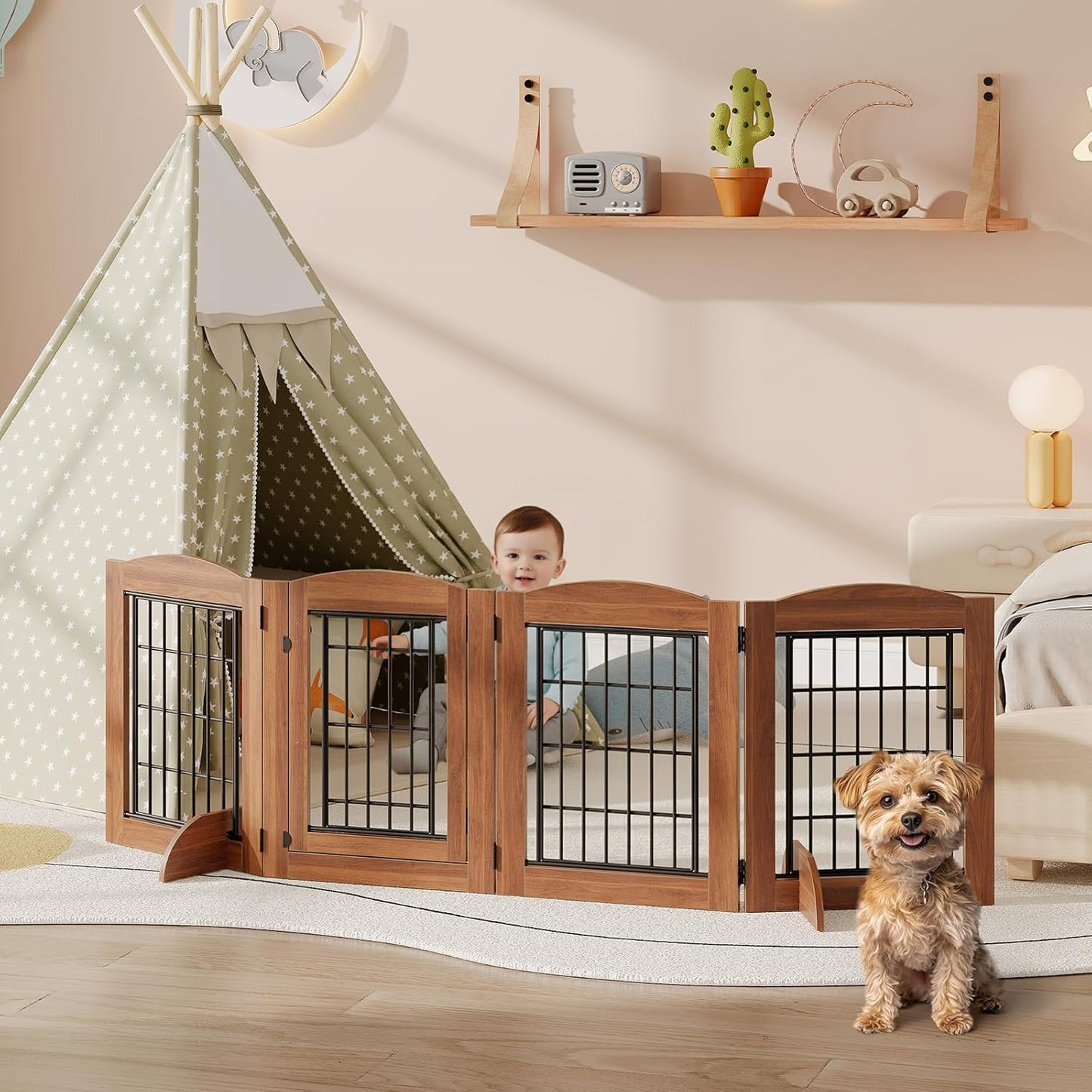 HOOBRO Dog Gate with Door Walk Through, 24.8'' Tall Freestanding Pet Gate with 2 Support Feet, Foldable Dog Fence Indoor, 360° Rotating Hinges, for Doorways, Stairs, Walnut BH85PP03