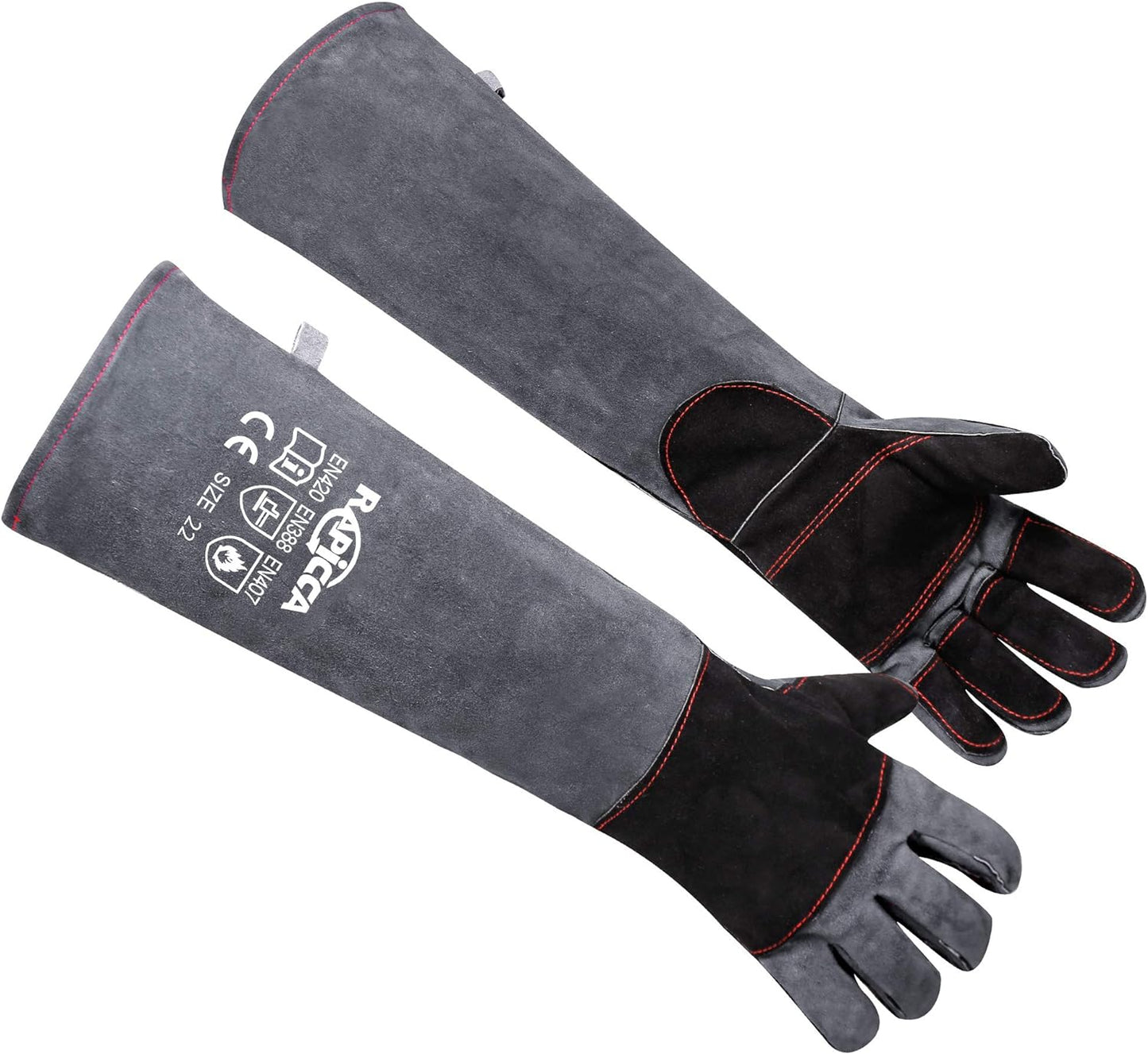 RAPICCA Animal Handling Gloves Bite Proof Double Leather Reinforced Padding Dog,Cat Scratch,Bird Handling Falconry Gloves Grabbing Reptile Squirrel Snake Bite 16in Grey-Black