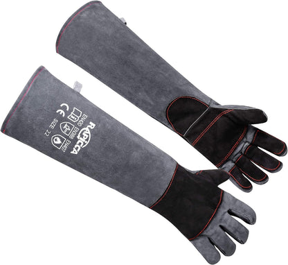 RAPICCA Animal Handling Gloves Bite Proof Double Leather Reinforced Padding Dog,Cat Scratch,Bird Handling Falconry Gloves Grabbing Reptile Squirrel Snake Bite 16in Grey-Black